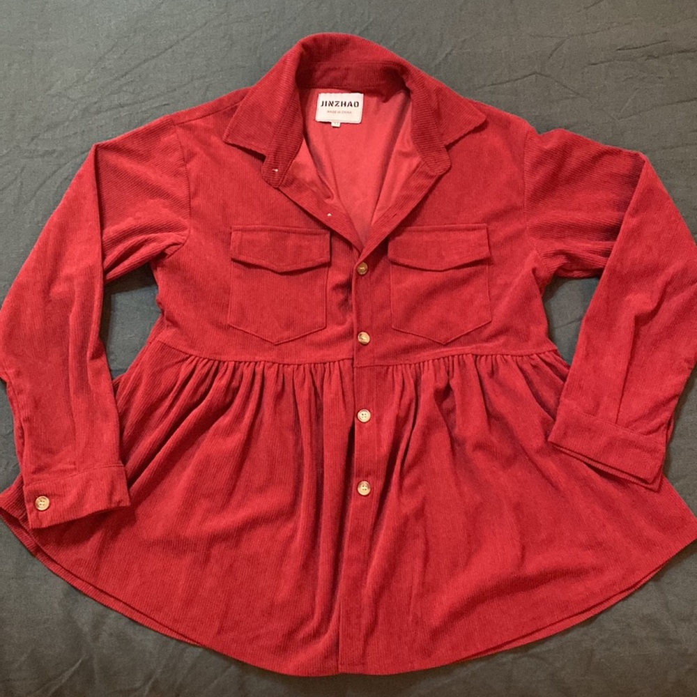 Wine Maroon Peplum Babydoll Corduroy Button Up Shacket
